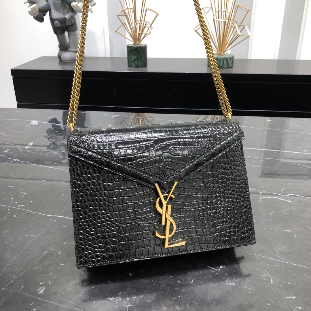 Saint Laurent Cassandera Medium Crocodile Embossed Bright Calfskin Shoulder Bag Black 532750